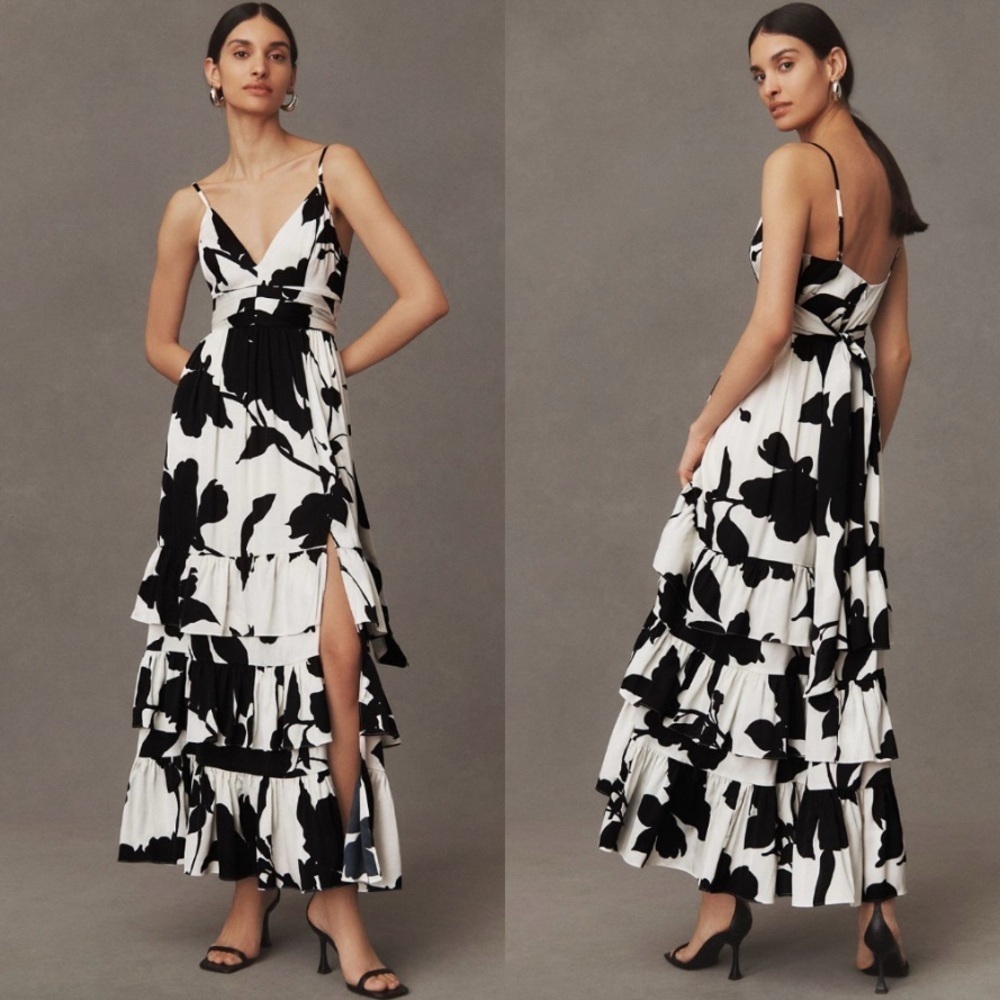 Anthropologie Hutch Guthrie Floral Satin Ruffle Hem Maxi Dress Black White 0 - Picture 4 of 16